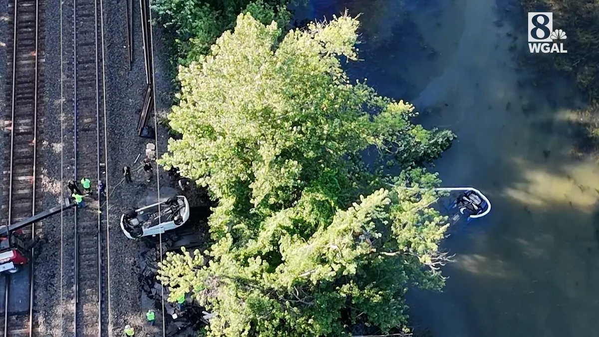 A vehicle partially submerged in the Susquehanna River near railroad tracks after a fatal crash